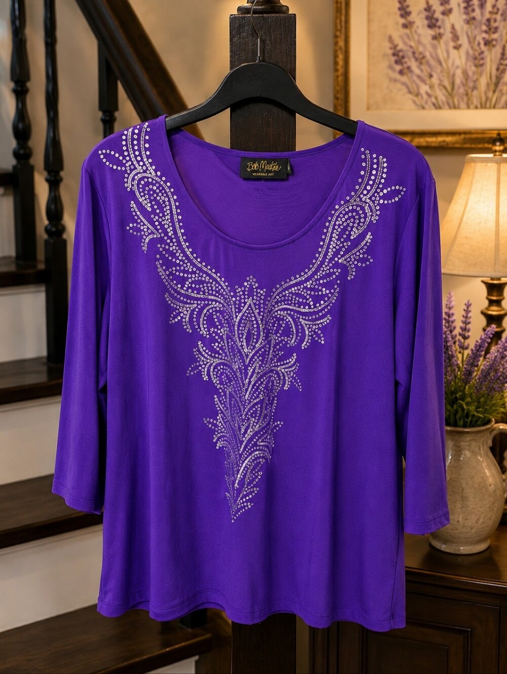 Bob Mackie Vibrant Purple Long Sleeve Scoop Neck Top with Rhinestone Design